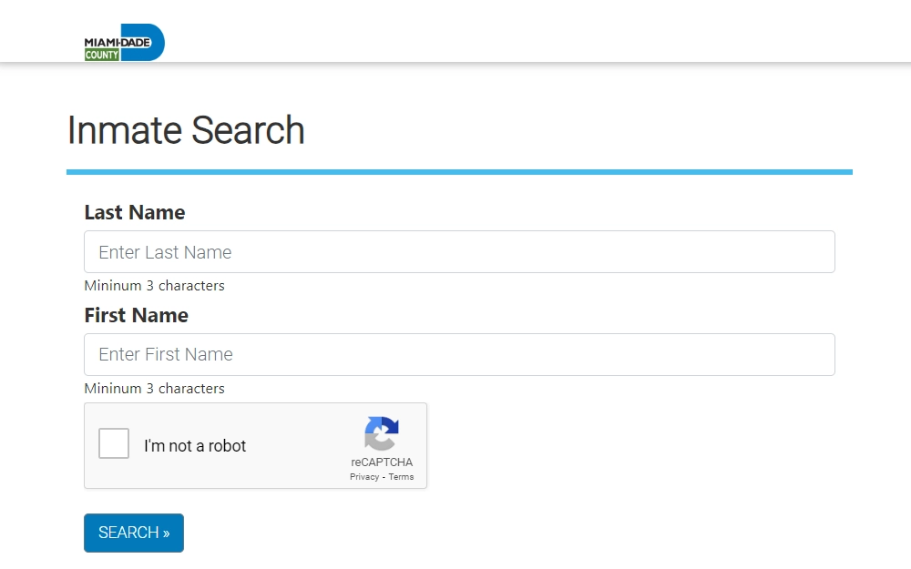 An image of Miami-Dade County's inmate search page, where the searcher must input at least three characters of the offender's last and first name, a captcha to verify that the searcher is a human, and a search button to proceed with the search.