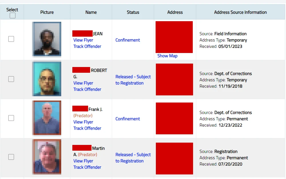 The result from the Sexual Offenders and Predators Search in Florida Department of Law Enforcement page shows the inmate details, such as their mugshots, full name, status, and address.