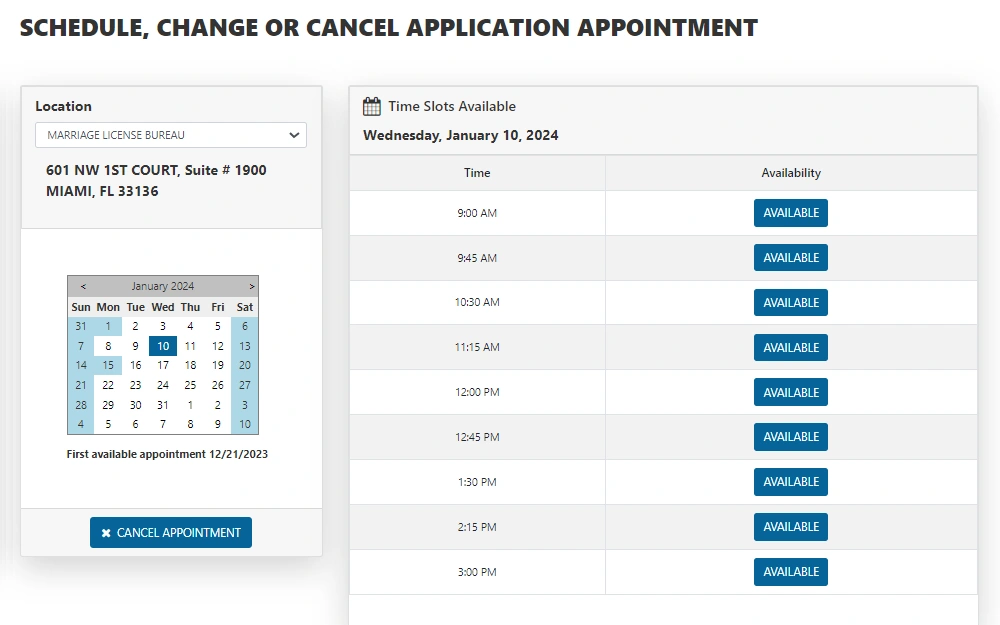 Screenshot of the appointment system, showing available dates and time, and a drop down menu for desired location.