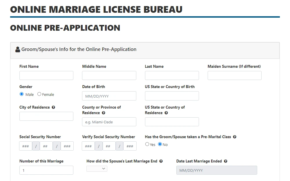 Screenshot of the online pre-application form showing the section for the groom, with fields for full name, gender, birth, and address among others.