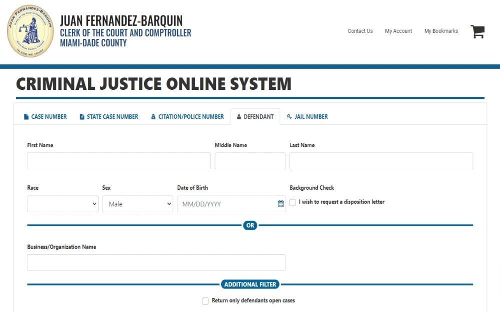 A screenshot displaying a criminal justice online system defendant search with search filters such as first name, middle name, last name, race, sex, date of birth, background check details or business and organization name.