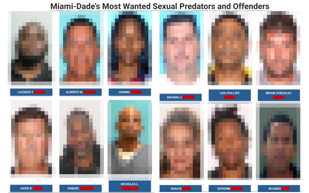 A screenshot displaying Miami-Dade's most wanted sexual predators and offenders showing their preview photo and full name from the Miami-Dade County website.