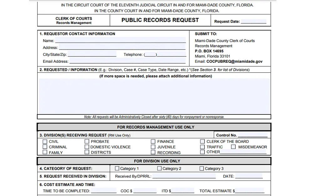 A screenshot showing a public records request form requires information such as name, address, city, state, ZIP code, email address, request date, etc.