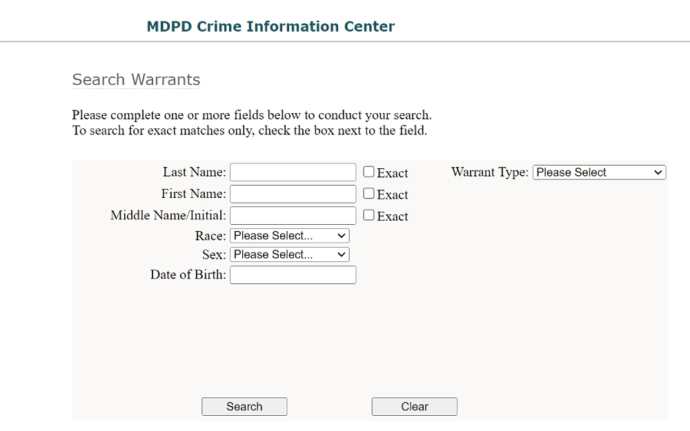 A screenshot displaying a search warrant showing filter criteria such as last name, first name, middle name, initial, race, sex, date of birth, warrant type and others.