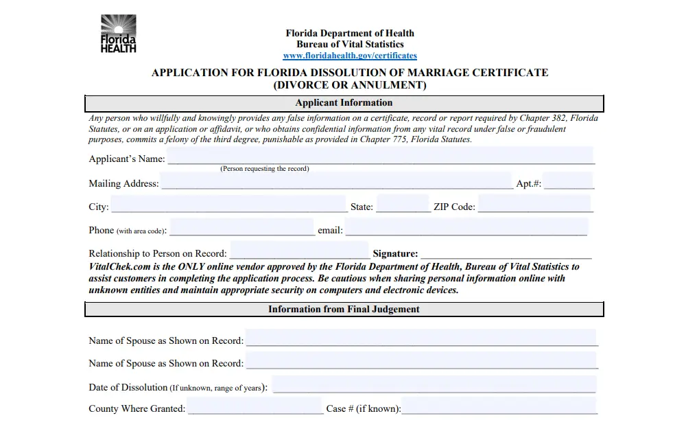 Screenshot of the application form for dissolution of marriage certificate showing sections for applicant information and information from final judgement.