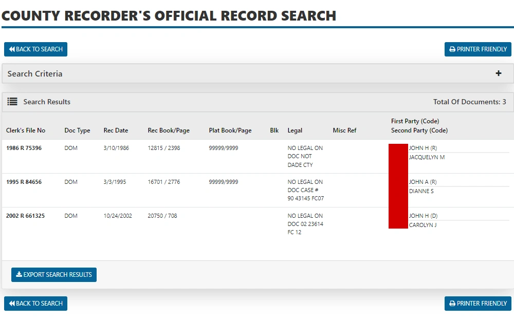 Screenshot of the official records search results of dissolution of marriage showing the file number, document type, recording date, book details, and party names.